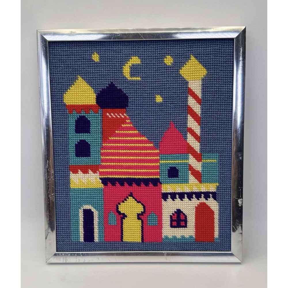Vintage Framed Needlepoint Arabian Cityscape Wall Art Colorful  Scene 10x12